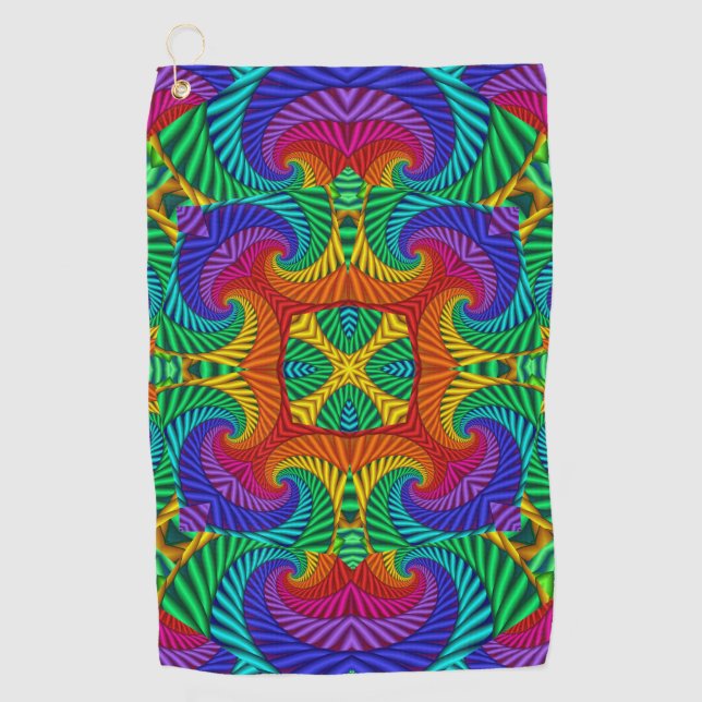 Rainbow Vintage Psychedelic Fractal Kaleidoscope Golf Towel (Front)