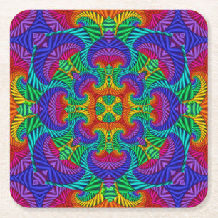 Rainbow Vintage Psychedelic Fractal Kaleidoscope Square Paper Coaster