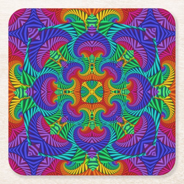 Rainbow Vintage Psychedelic Fractal Kaleidoscope Square Paper Coaster (Front)