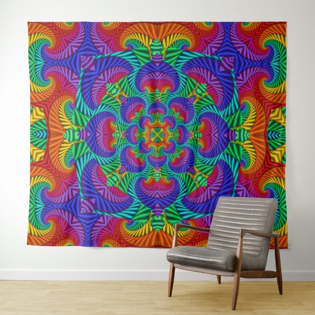 Rainbow Vintage Psychedelic Fractal Kaleidoscope Tapestry (In Situ (Horizontal))