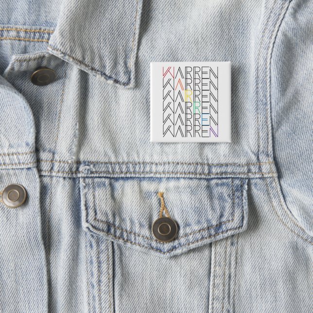 rainbow warren text stacks 15 cm square badge (In Situ)