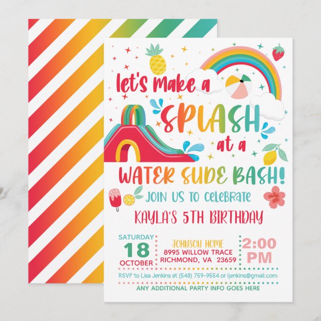 Rainbow Water Slide Birthday Invitation (Front/Back)