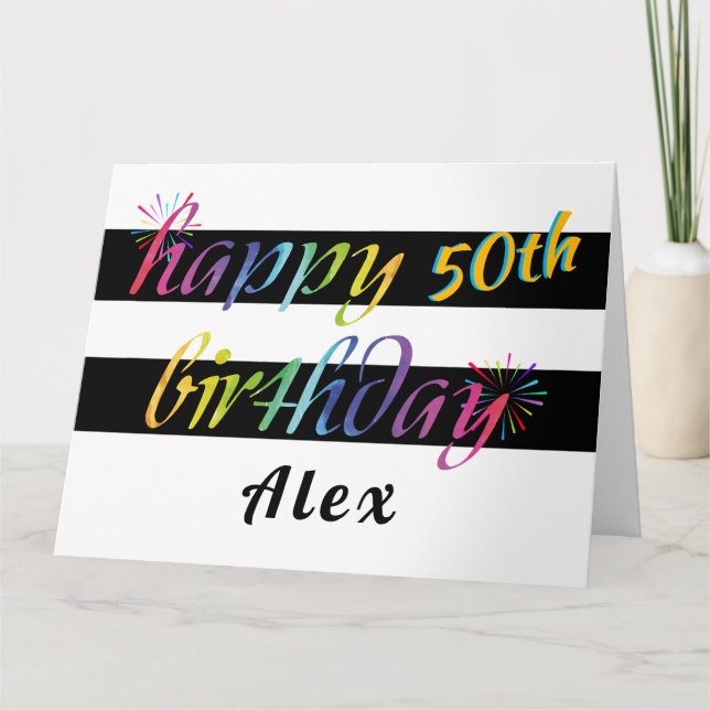 Rainbow Watercolor 50th or Any Birthday Greeting Card (Front)