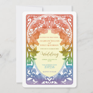 Rainbow Watercolor Art Nouveau Wedding Invitation