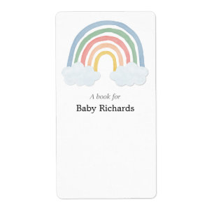 Rainbow watercolor baby shower book tags stickers