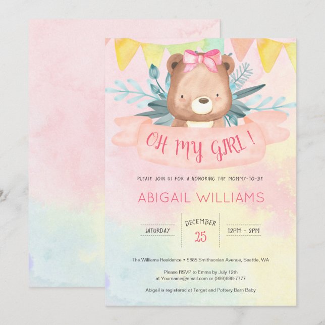 Rainbow Watercolor Bear Girl Baby Shower Invitation (Front/Back)