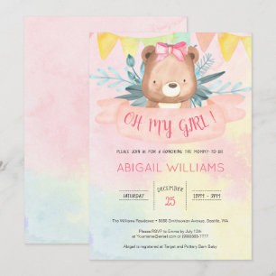Rainbow Watercolor Bear Girl Baby Shower Invitation