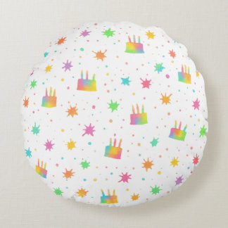 Rainbow Watercolor Birthday Cake Colorful Paint Round Cushion