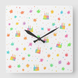 Rainbow Watercolor Birthday Cake Colorful Paint Square Wall Clock