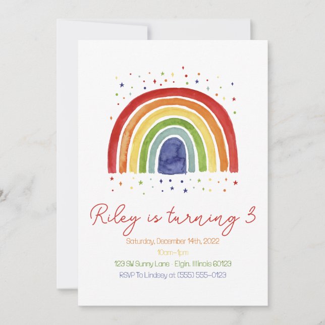 Rainbow Watercolor Birthday Invitation, Girls Invitation (Front)