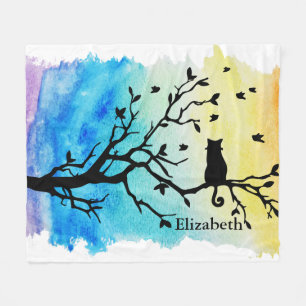 Rainbow Watercolor Black Tree Branch with Cat Fleece Blanket