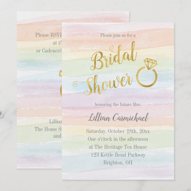 Rainbow Watercolor Bridal Shower with Gold Invitation (Front/Back)