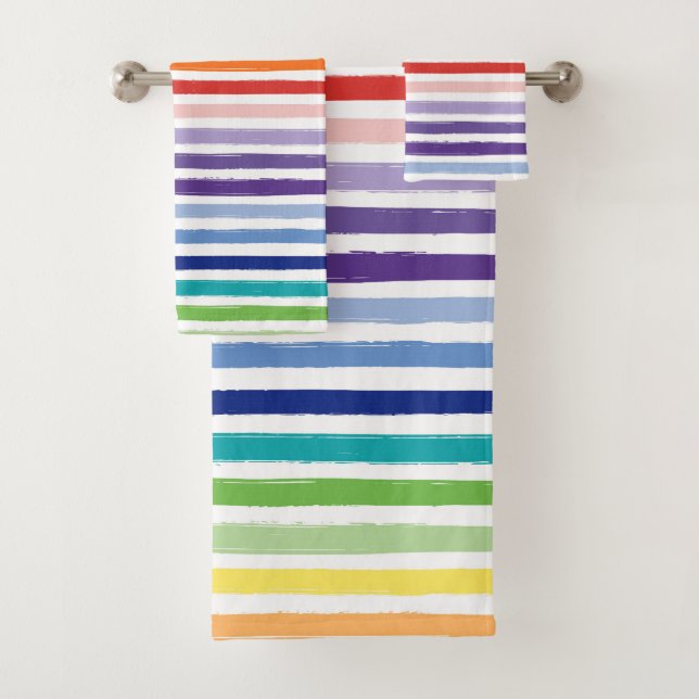 Rainbow Watercolor Brush Stripe Pattern Bath Towel Set (Insitu)