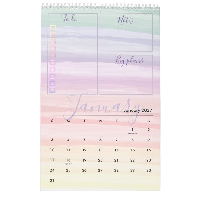 Rainbow Watercolor Brush Strokes Monthly Planner Calendar (Jan 2027)