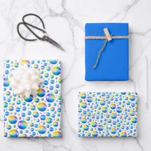 Rainbow Watercolor Bubbles w/ Deep Blue Solid Wrapping Paper Sheet