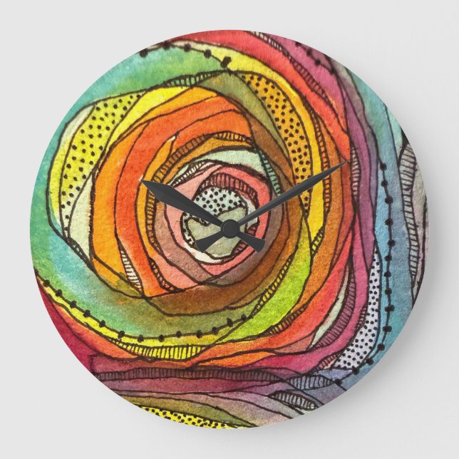 Rainbow Watercolor Circles with Inked Marks Large Clock (Front)