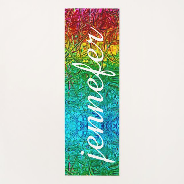 Rainbow Watercolor Custom Script Monogram Name Yoga Mat (Front)