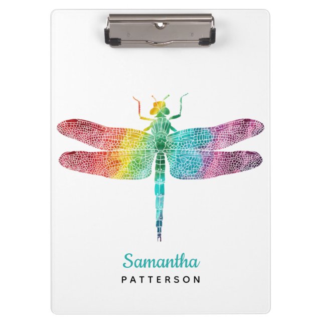 Rainbow Watercolor Dragonfly Personalised Feminine Clipboard (Front)