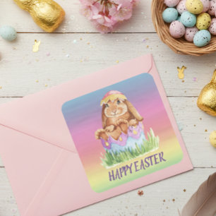 Rainbow Watercolor Easter Bunny Cute Gift Square Sticker