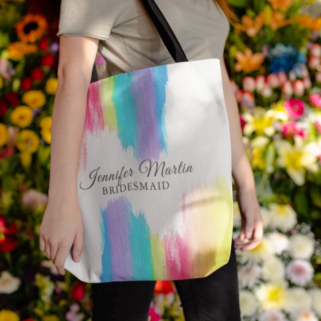 Rainbow Watercolor Elegant Bridesmaid Monogram Tote Bag (Creator Uploaded)