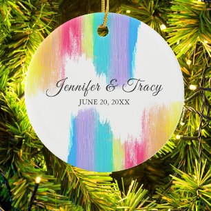 Rainbow Watercolor Elegant Couple Wedding Keepsake Ceramic Tree Decoration
