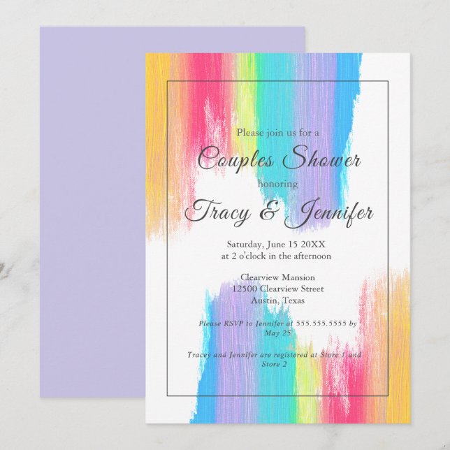Rainbow Watercolor Elegant LGBT Couples Shower Invitation (Front/Back)