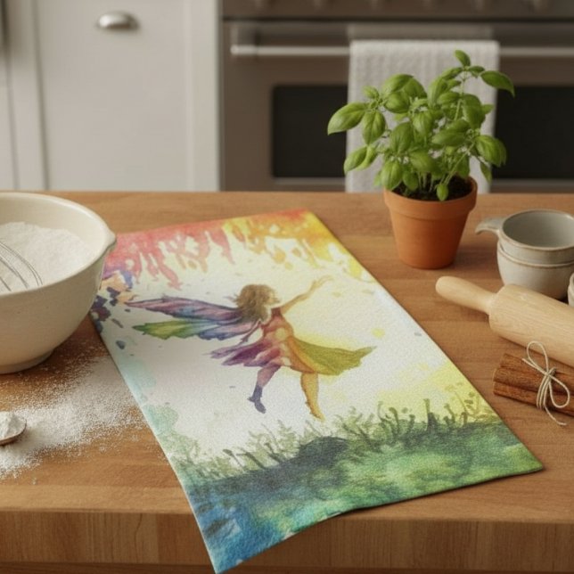 Rainbow Watercolor Fairy – Magical Fantasy Tea Towel (Creator Uploaded)