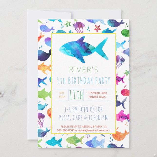 Rainbow Watercolor Fish Under The Sea Birthday Invitation (Front)