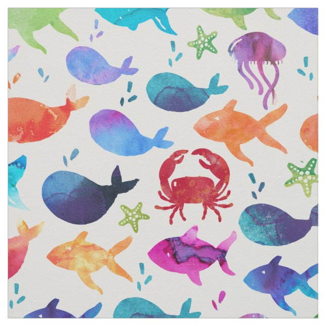 Rainbow Watercolor Fish Under the Sea Ocean Fabric (Swatch)