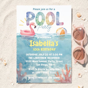 Rainbow Watercolor Flamingo Pool Party Birthday Invitation