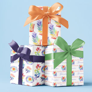 Rainbow Watercolor Floral Wrapping Paper Sheets 