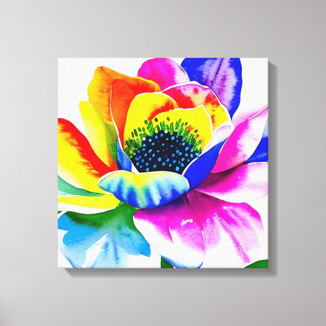 Rainbow Watercolor Flower Stretched Canvas Print (Front)