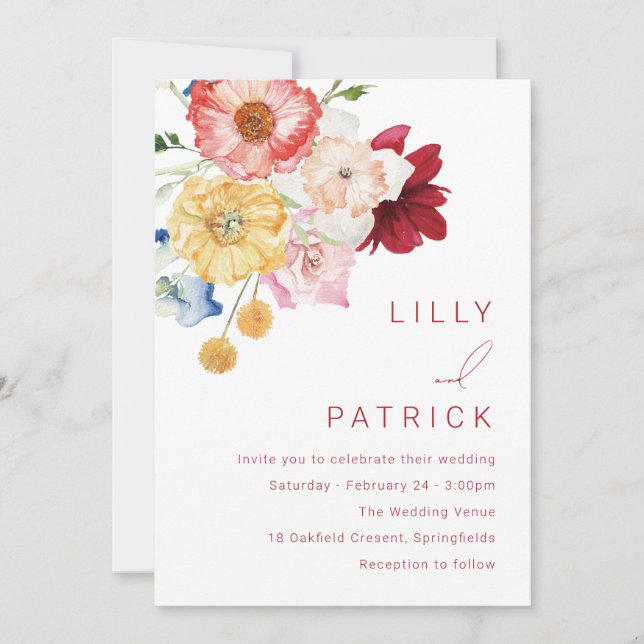 Rainbow Watercolor Flowers Spring Wedding Invitation (Front)