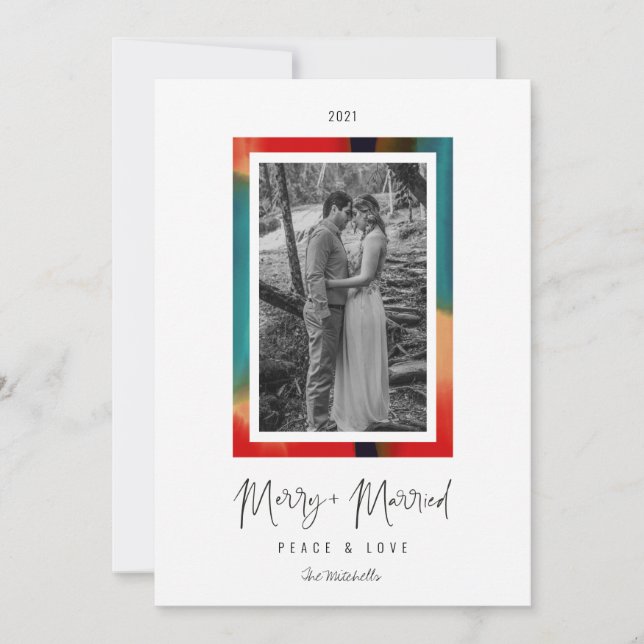 Rainbow Watercolor Frame Merry and Married Peace Holiday Card (Front)