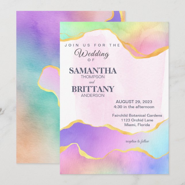 Rainbow Watercolor Gold LGBT Wedding Invitation (Front/Back)