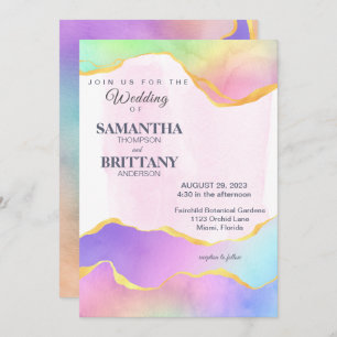 Rainbow Watercolor Gold LGBT Wedding Invitation