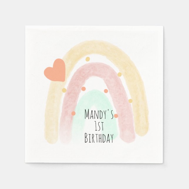 Rainbow Watercolor Heart Birthday Strokes Napkins (Front)