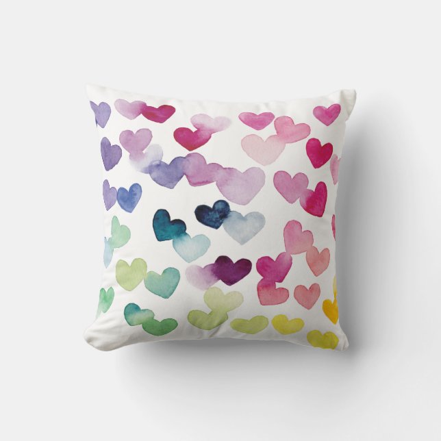 Rainbow watercolor hearts love Throw Pillow (Front)