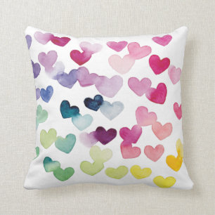 Rainbow watercolor hearts love Throw Pillow