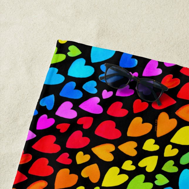 Rainbow Watercolor Hearts Pattern Beach Towel (In Situ)