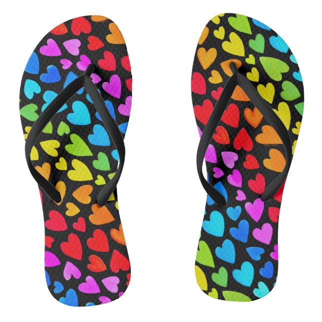 Rainbow Watercolor Hearts Pattern Flip Flops (Footbed)