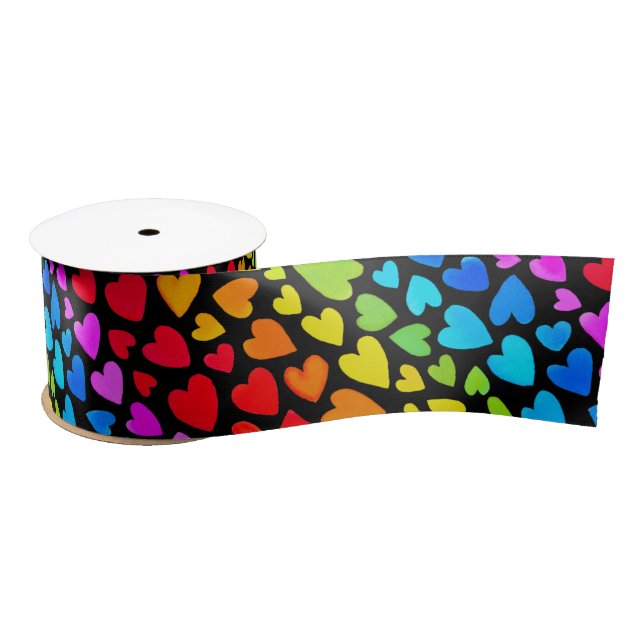 Rainbow Watercolor Hearts Pattern Satin Ribbon (Spool)