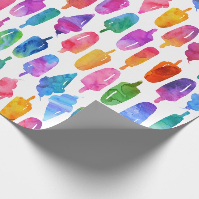 Rainbow Watercolor Ice Cream Cone Popsicles Kids Wrapping Paper (Corner)
