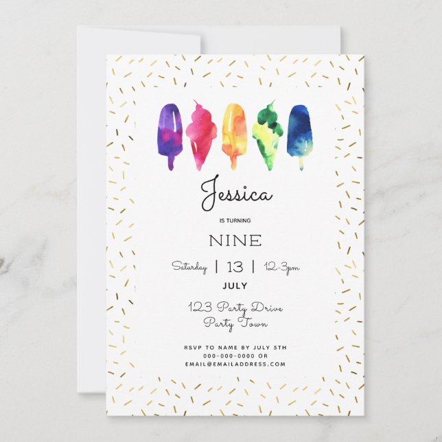Rainbow Watercolor Ice Cream Ice Pop Stylish Gold Invitation (Front)