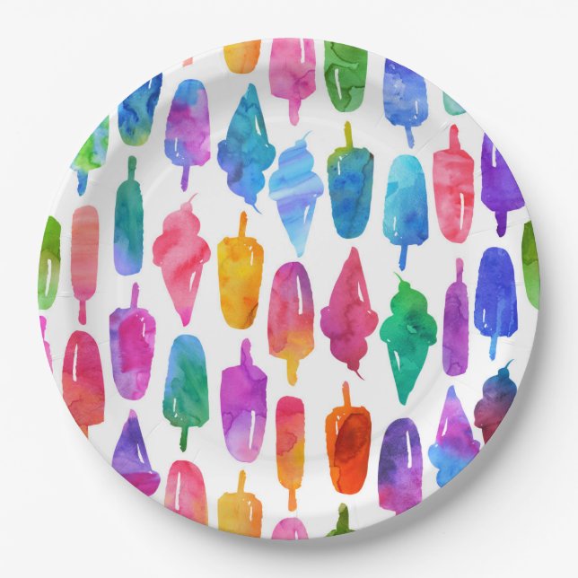 Rainbow Watercolor Ice Cream Ice Pops Pattern Paper Plate (Front)