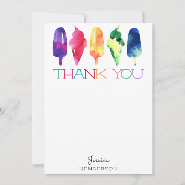 Rainbow Watercolor Ice Cream Popsicle Thank You Card (Front)
