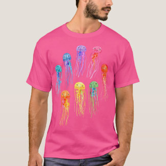 Rainbow Watercolor Jellies On Dark Teal T-Shirt