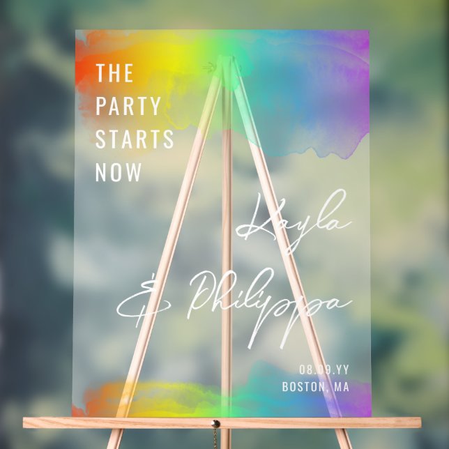 Rainbow Watercolor LGBT Wedding Party Starts Now Acrylic Sign (Neutral)