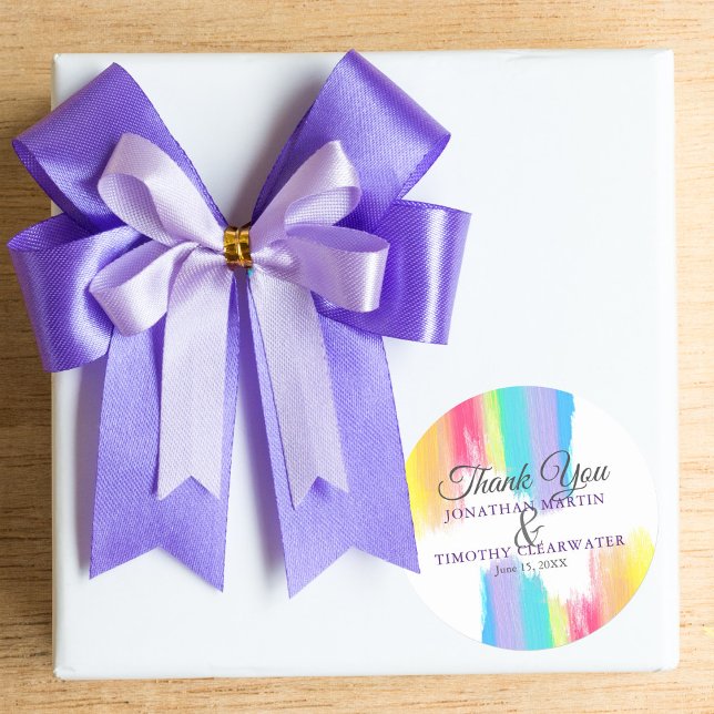 Rainbow Watercolor LGBTQ Gay Pride Wedding Classic Round Sticker (Creator Uploaded)