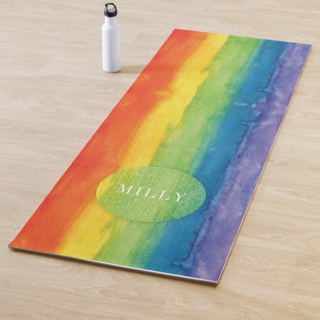 Rainbow Watercolor Modern Colourful Personalised Yoga Mat (In Situ)